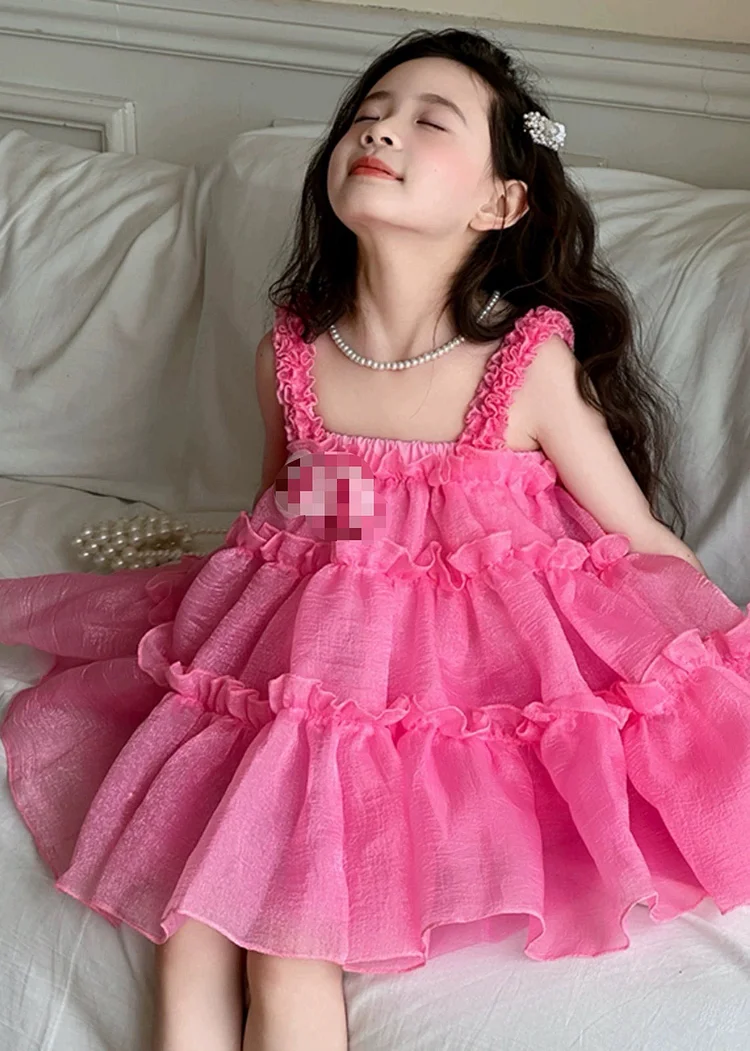 Simple Red Square Collar Chiffon Kids Dress And Shorts Two Pieces Set Summer