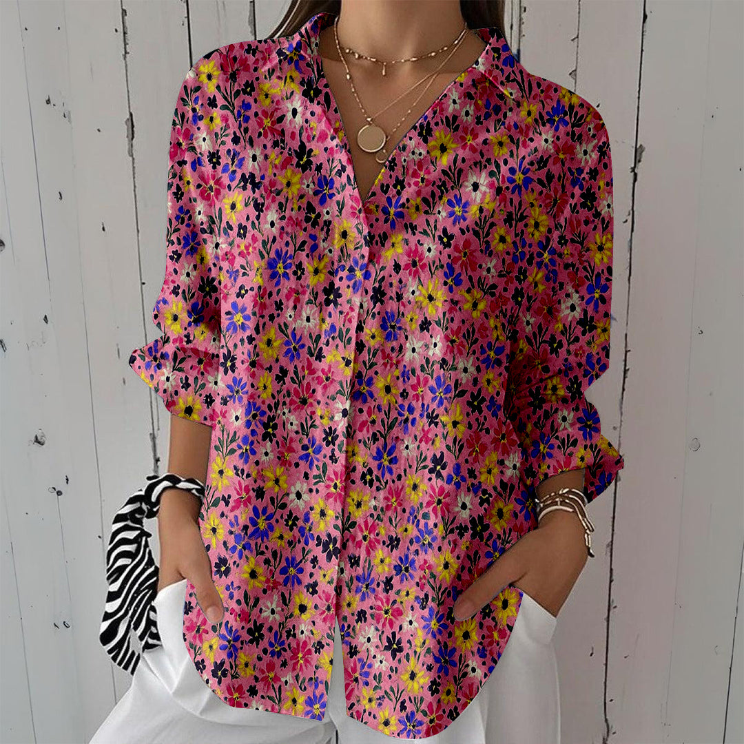 Women Long Sleeve V-neck Graphic Floral Printed Top