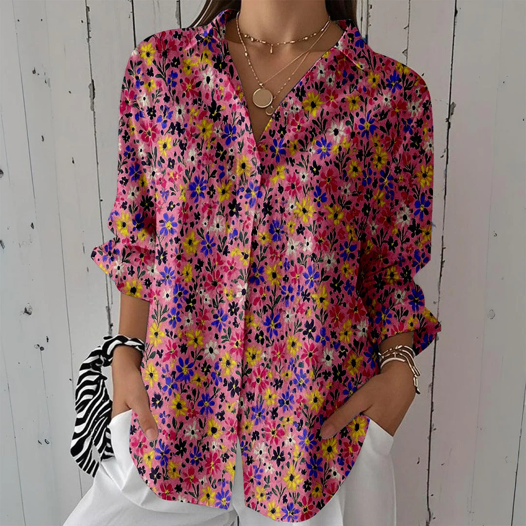 Style & Comfort for Mature Women Women Floral,  Red,  Purple DZCL0417 3/4 Sleeve Shirt Collar Printed Button Tops