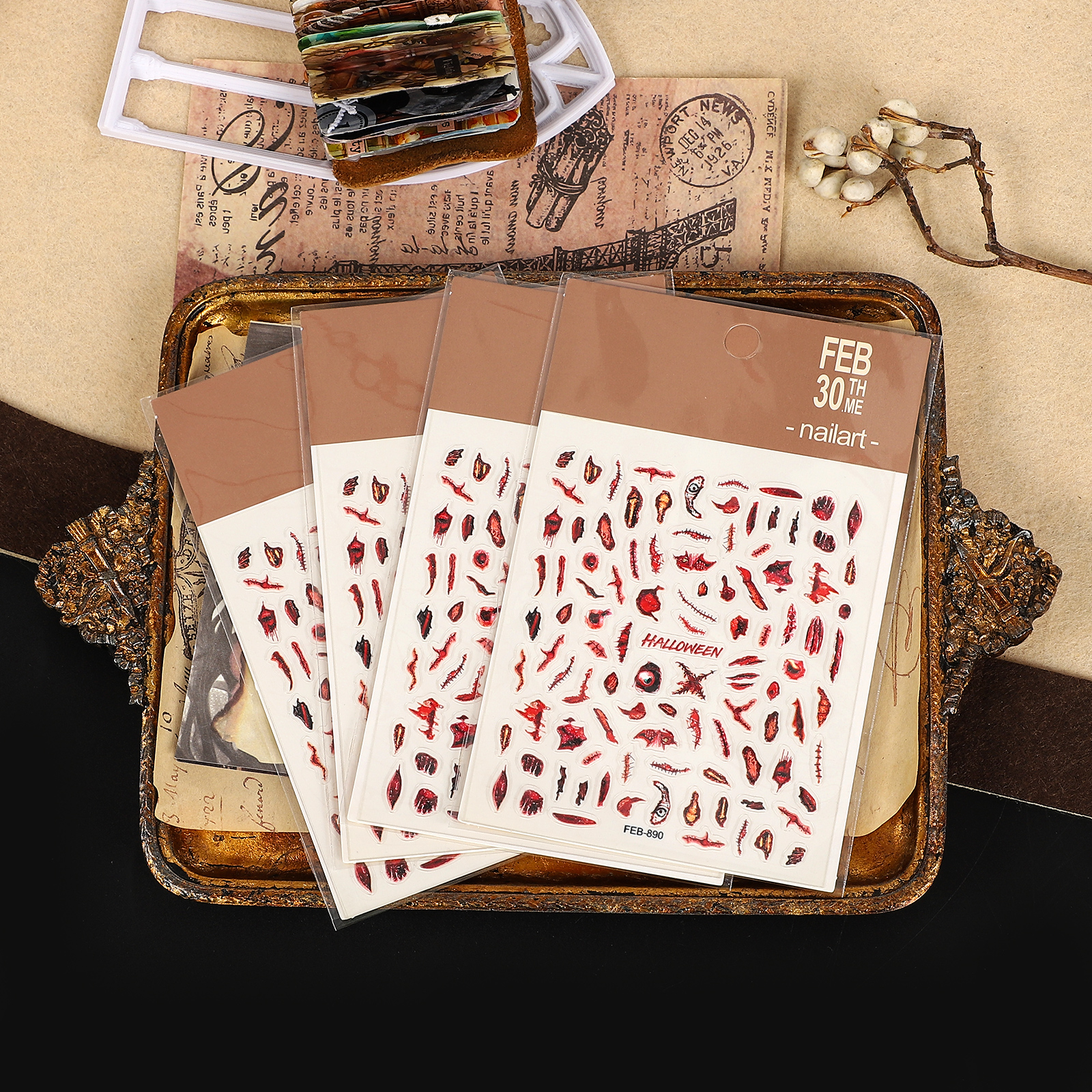 PET 스티커 - 2개/세트 빈티지 무서운 붉은 눈알 상처 악마 호박 네일 패치