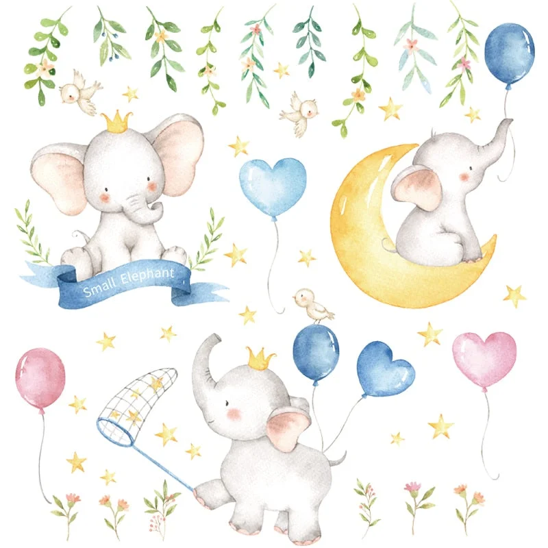 Cartoon Small Elephants Balloon Moon Wall Stickers Paint Style for Living Room Kids Room Wall Decal Baby Nursery Wall Decor Gift