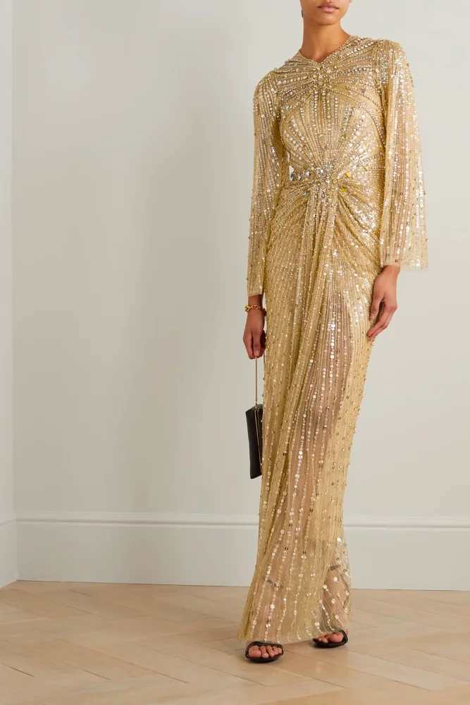 Embellished metallic tulle gown