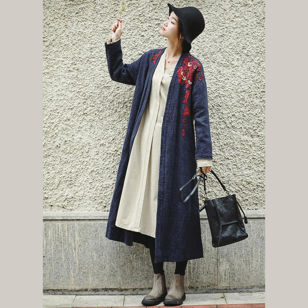 VCSHOES Loose Blue Embroidery Long side open Cotton Linen Coat For Women