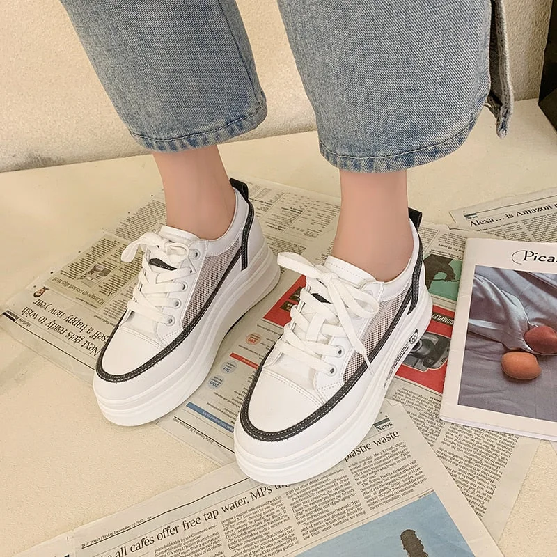 2021 spring and summer new single shoes women's shoes low-top shoes Korean fashion students mesh round toe mid-heel increased