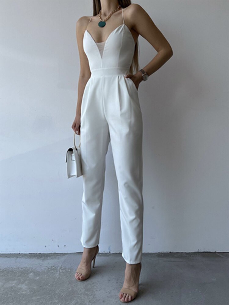 Women Sling Jumpsuits Casual Solid Sleeveless Party Club Long Pencil Pants Rompers Backless V Neck Off Shoulder Elegant Overalls