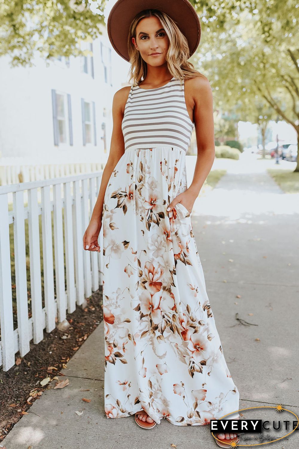 White Striped Floral Print Sleeveless Maxi Dress with Pocket