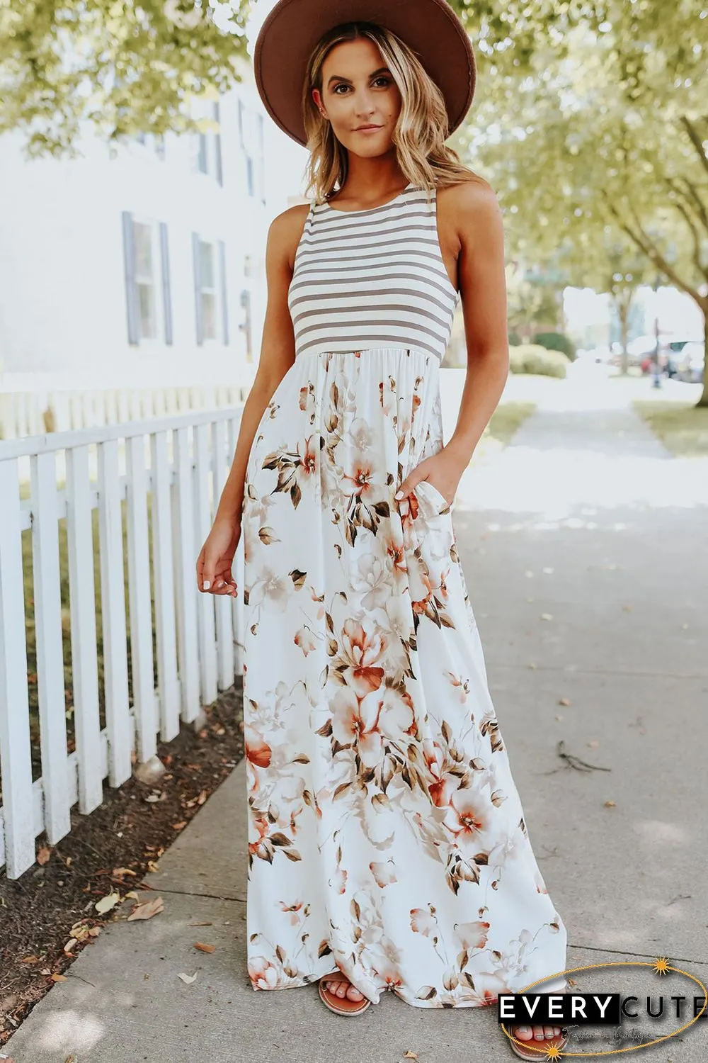 White Striped Floral Print Sleeveless Maxi Dress with Pocket