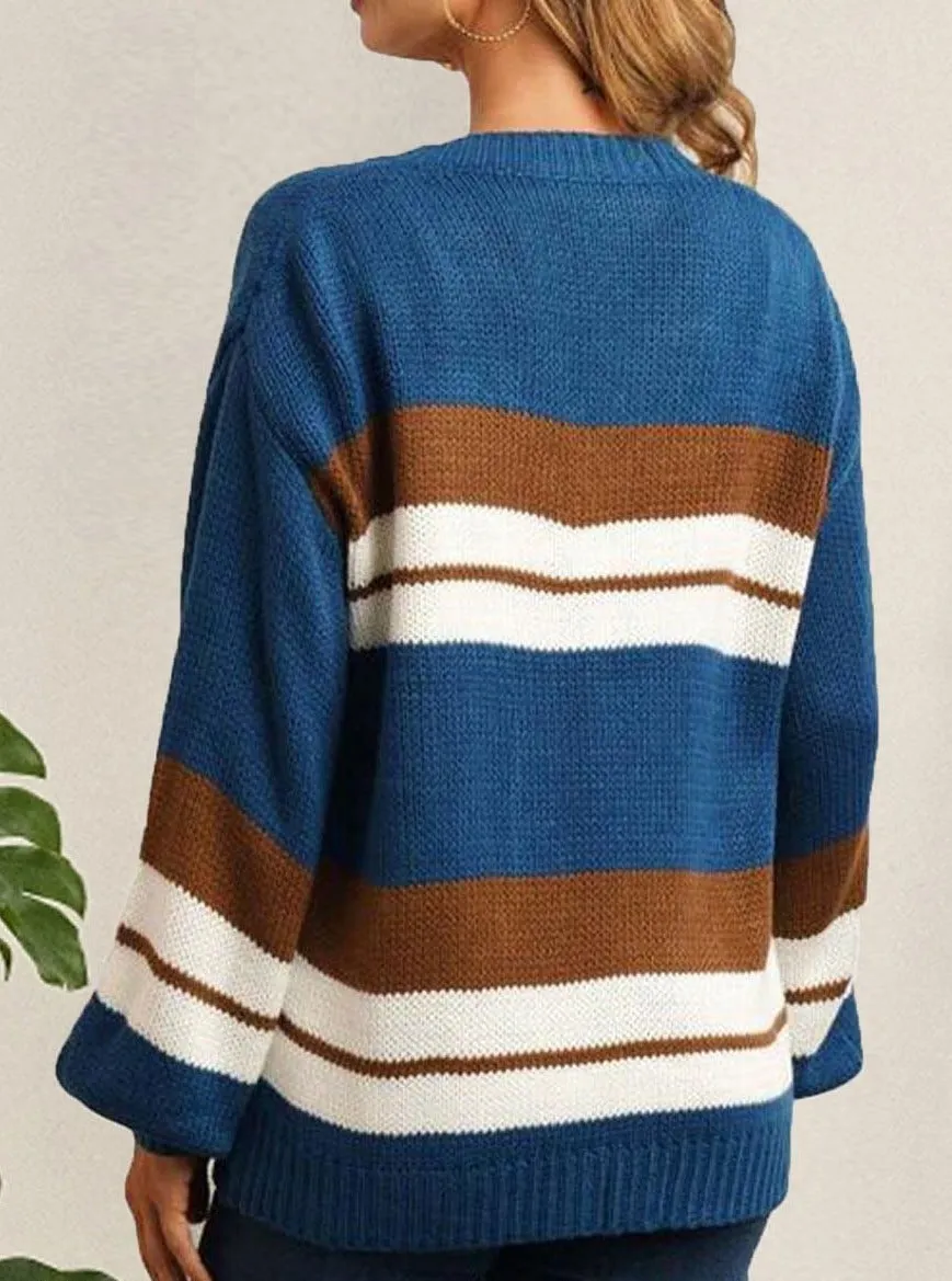 V-neck Loose Casual Striped Sweater Pullover