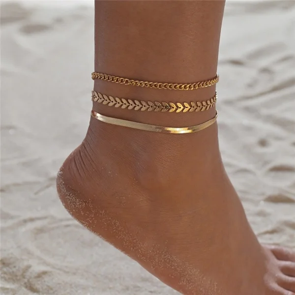 3Pcs Vintage Boho Minimalist Leaves Anklets Ladies Beach Party Ankle Bracelet