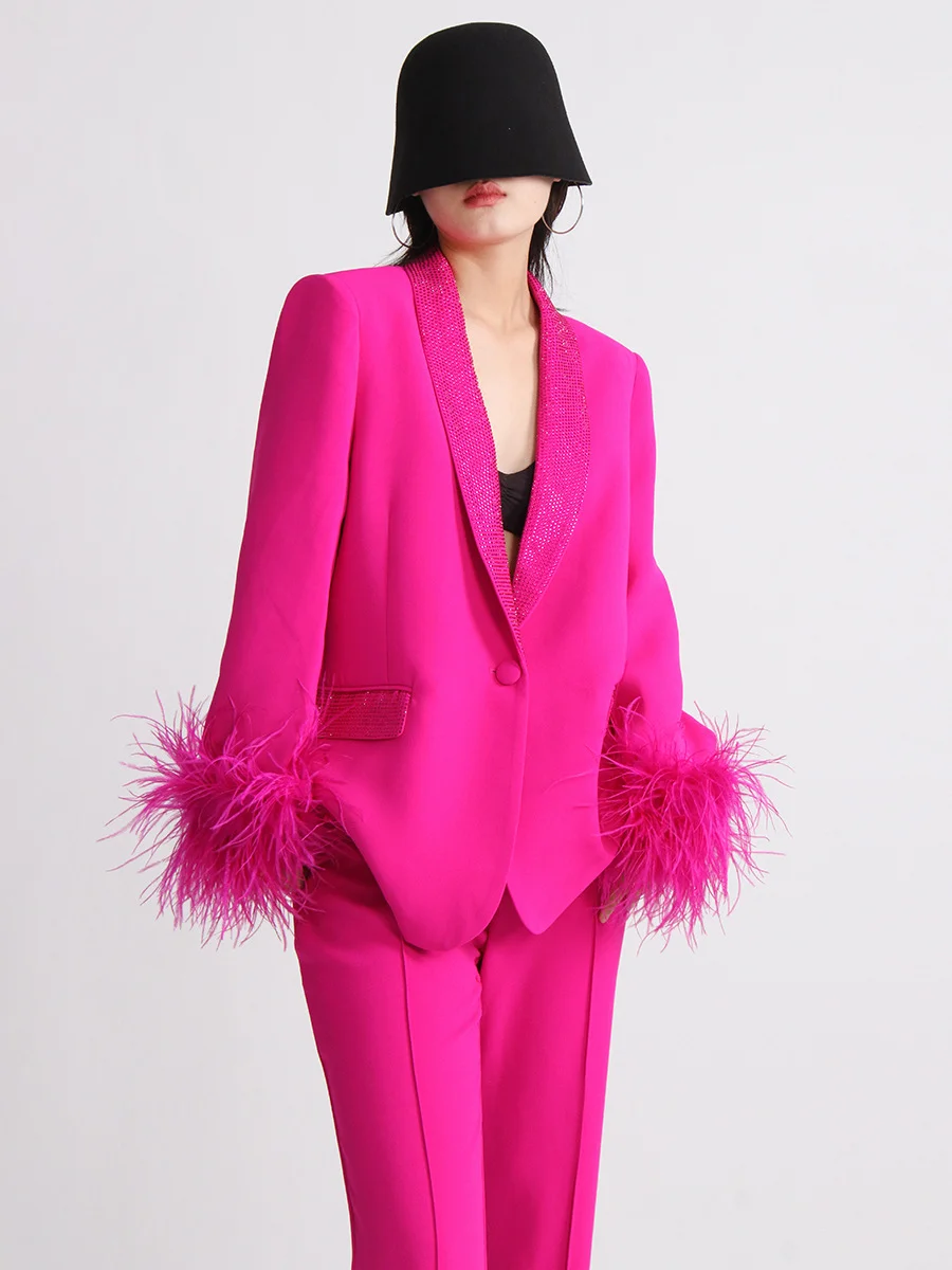 Toloer Toloer New Temperament Top Collar With Diamond Design Sense Cuff Stitching Ostrich Hair Long Sleeve Suit Spring Style-Outfit Ideas