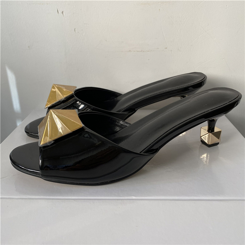 Unique Metal Kitten Heel Mules For Girls Genuine Leather Slingbacks Big Rivet Buckle Decor Sandals Women