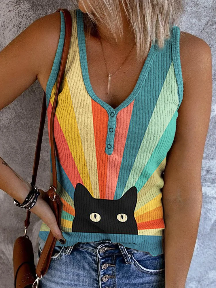 Rainbow Cat Print Button Knit Tank Top