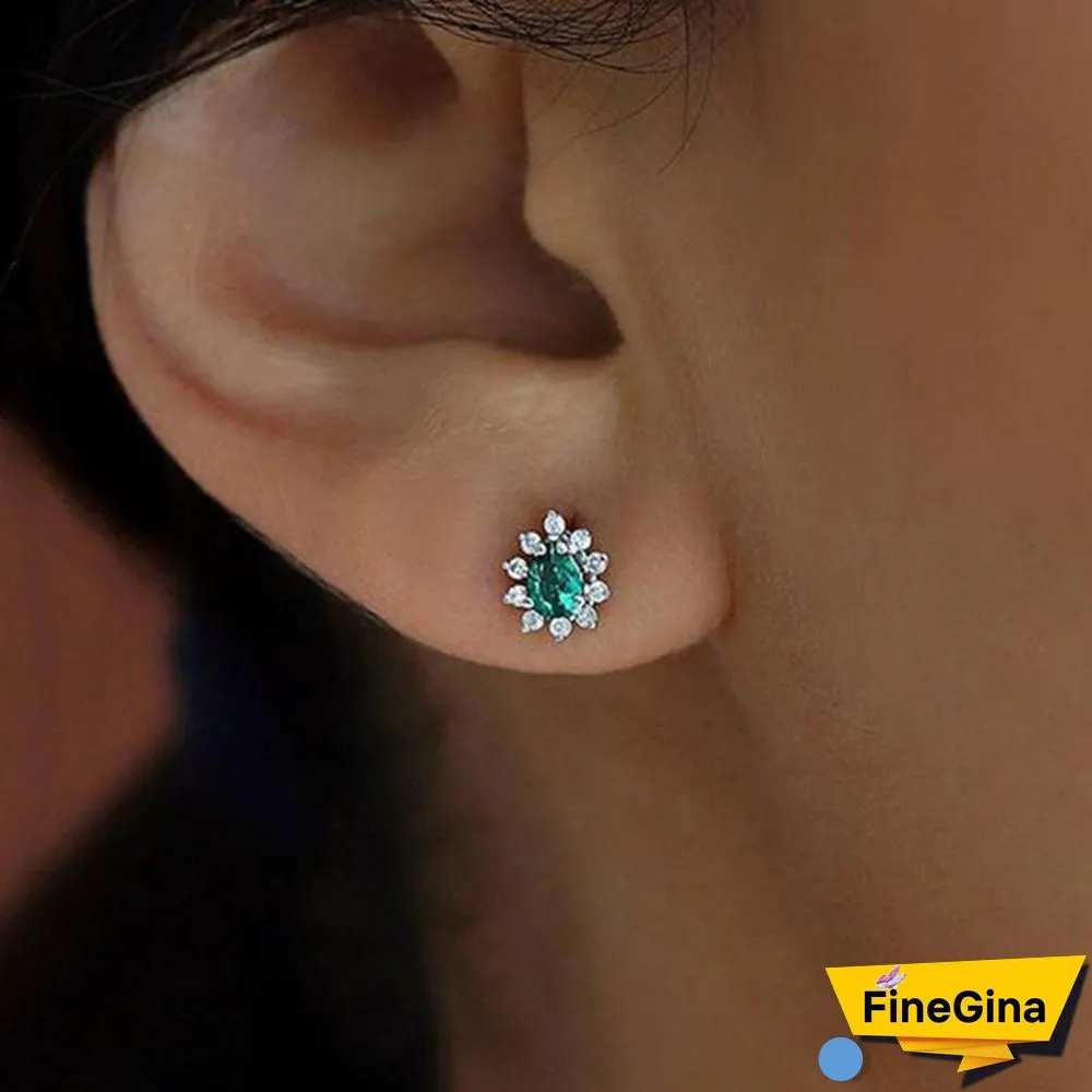 Small Emerald Stud Earrings In 14k Solid Gold with Genuine Diamond/Dainty Pave Diamond Drop Studs for Women/Wedding Jewelry
