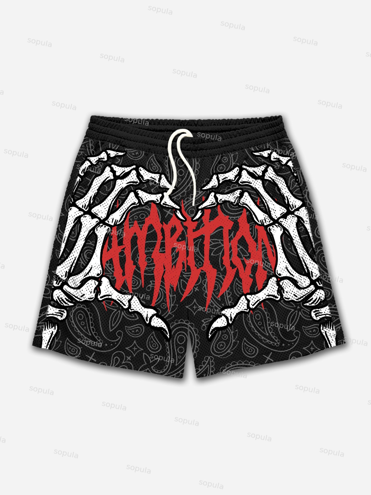 Ambition Skull Hand Cashew Flower Graphic Mesh Shorts