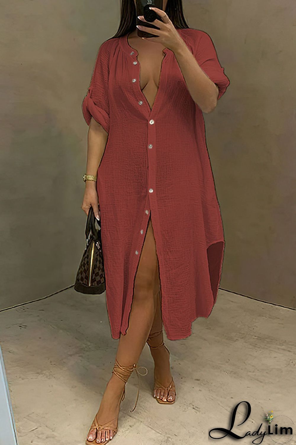 White Casual Solid Split Joint Buckle Asymmetrical Shirt Dress Dresses