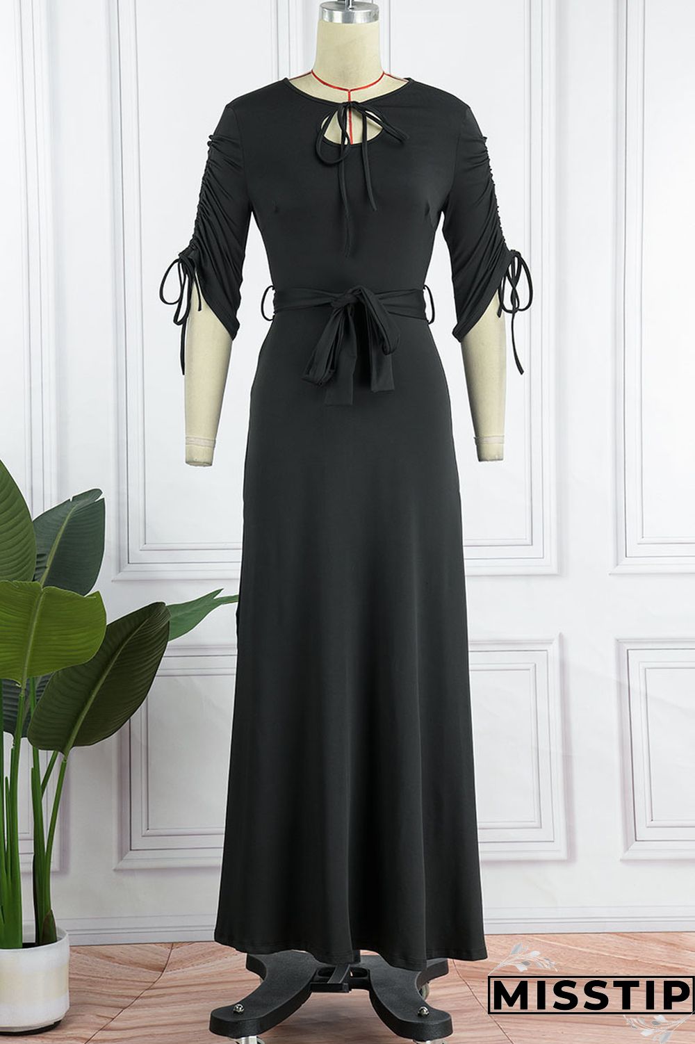 Black Casual Solid Bandage Patchwork O Neck Straight Dresses