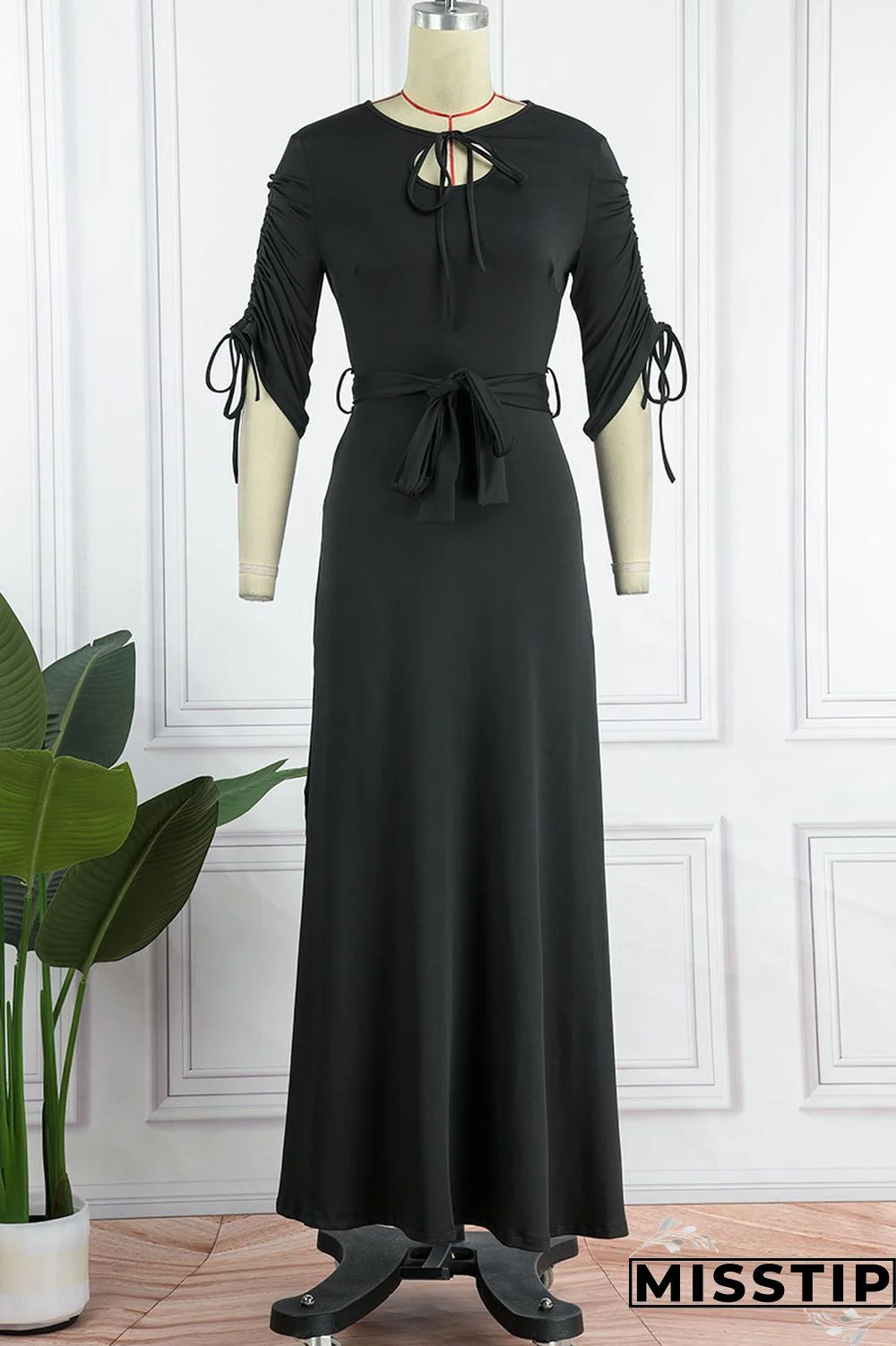 Black Casual Solid Bandage Patchwork O Neck Straight Dresses