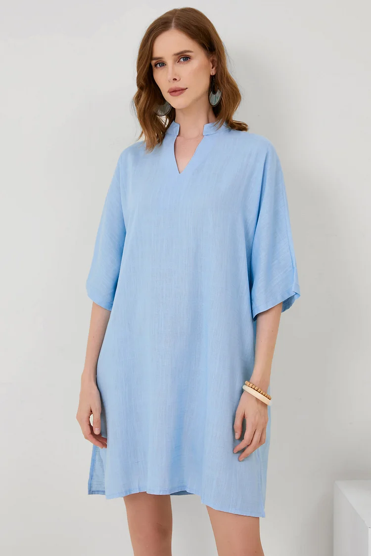 Cotton-Linen V-Neck Loose Hem Side Slit Dress[ Pre Order ]