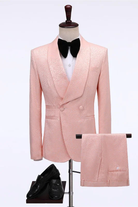 Bellasprom Pink Jacquard Shawl Lapel Wedding Suit With Double Breasted