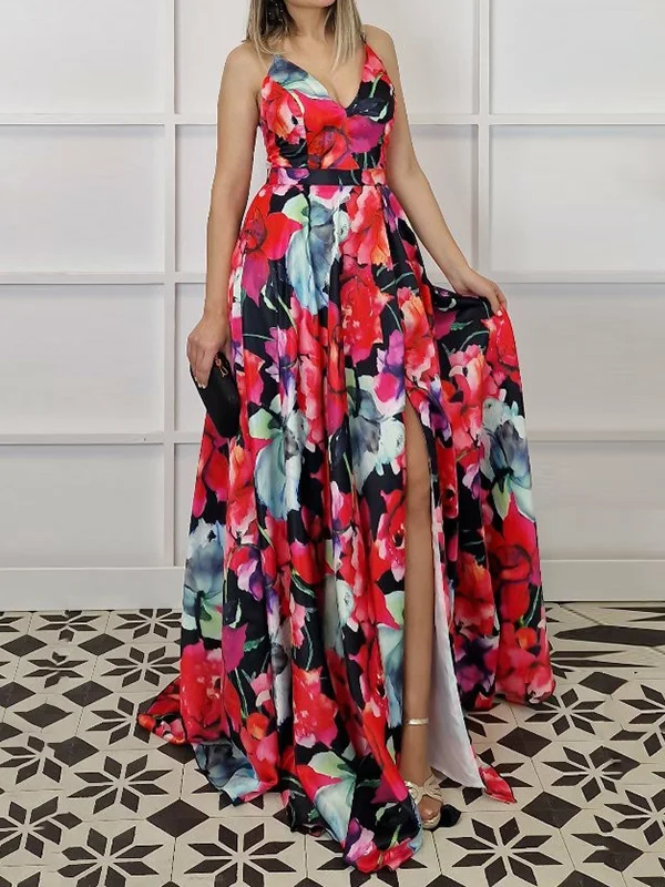 Floral Printed Split-Side Sleeveless Spaghetti-Neck Maxi Dresses