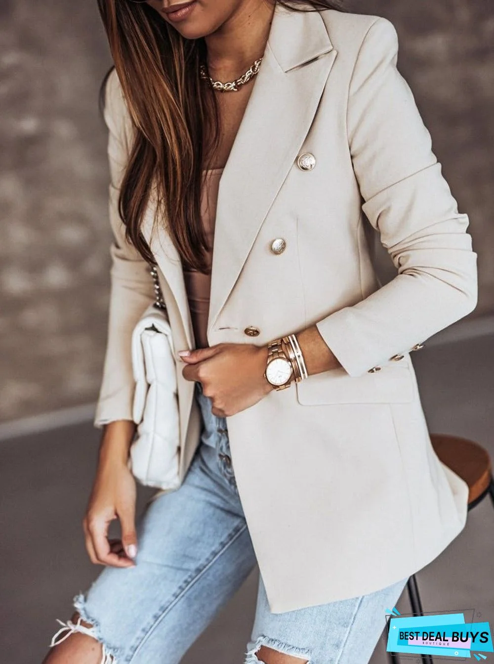 Women's New Solid Color Long-Sleeved Double-Breasted Suit Jacket
