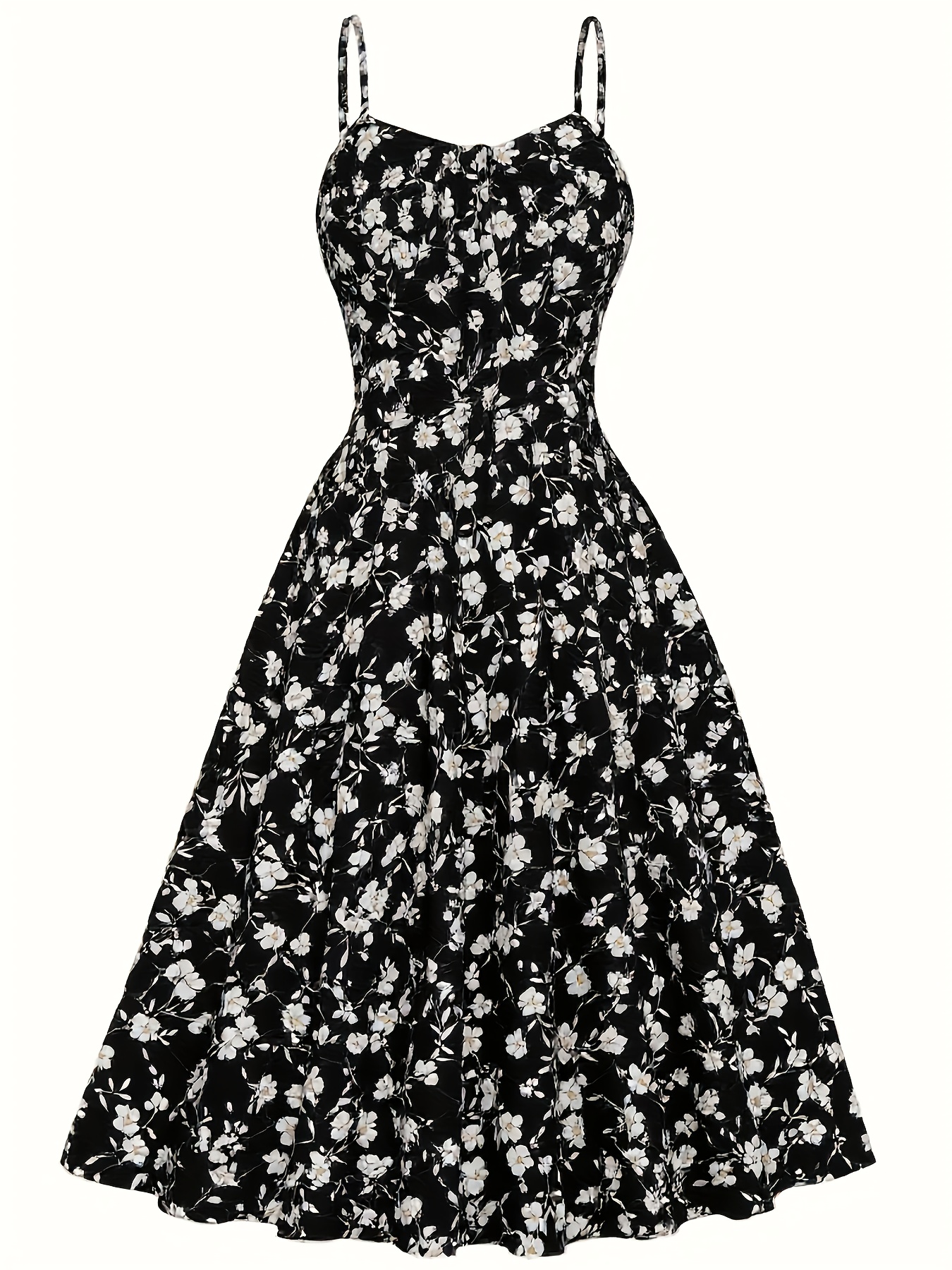 Women's Elegant Floral Camisole Dress - Black & Floral Print, Waist-Cinching Fit, Non-Stretchy Fabric For Beach, Party, Everyday - Women's Formal & Casual Outfits, Dresses For Beach, Summer Outfit, Offshoulder Style, Cinched Waist Design | IFYHOME