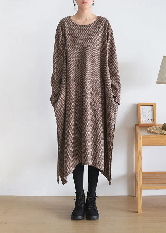 Loose Coffee Colour O-Neck Print Side Open Knit Cotton Maxi Dress Long Sleeve