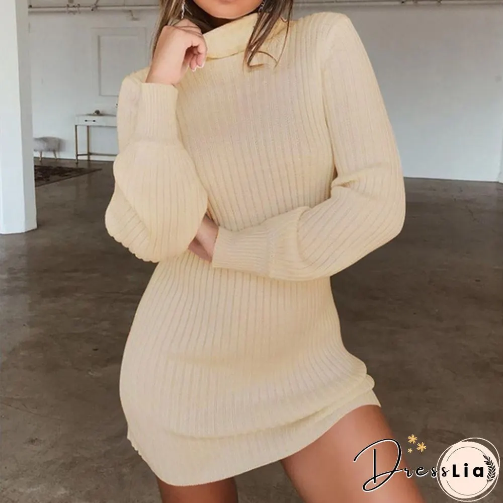 Women Autumn and Winter Long Sleeve Knitted Sweater Dress Ladies Fashion Keep Warm Knitting High Collar Slim Fit Bottoming Mini Knitting Dress