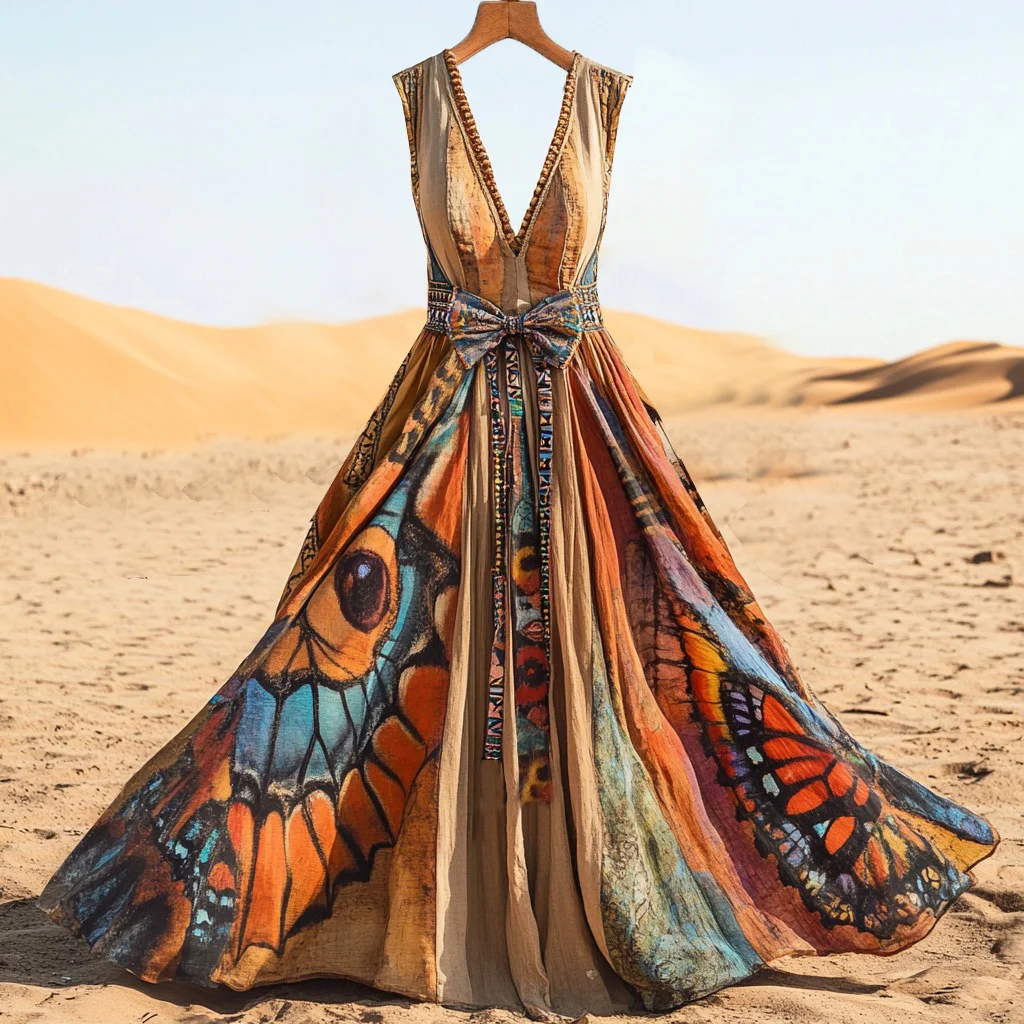 Women's Fashion African Butterfly Wing Painting Abstract Art Pattern Cotton And Linen  Maxi Dress