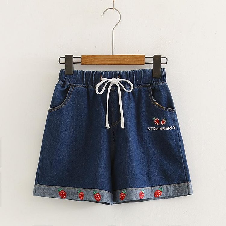 STRAWBERRY Letter Embroidery Drawstring Denim Shorts - Modakawa