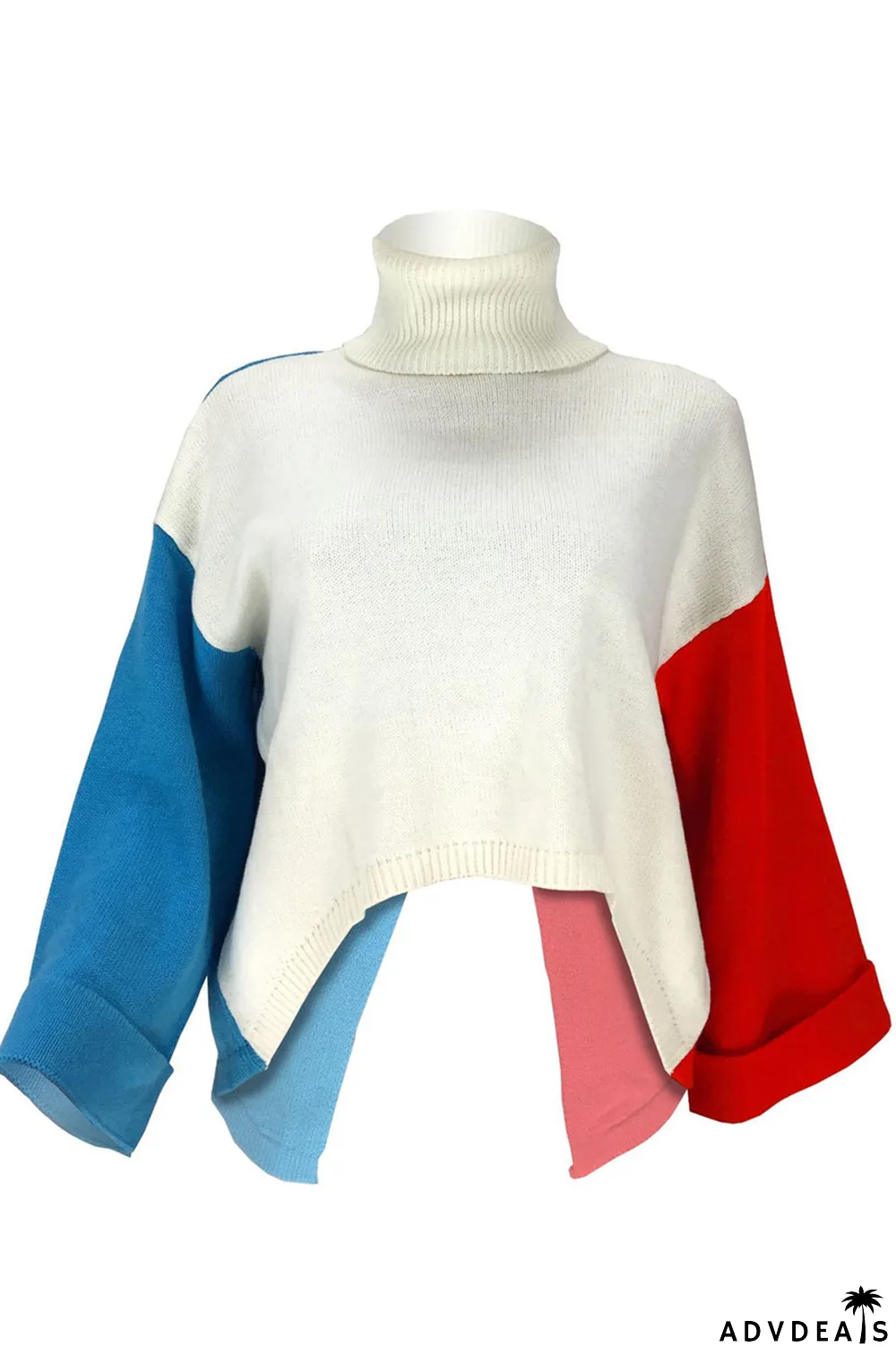 White Fashion Casual Patchwork Asymmetrical Turtleneck Tops