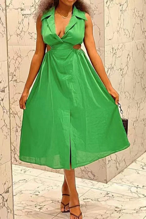 Solid Color Urban Side Cutout A-Line Midi Dress