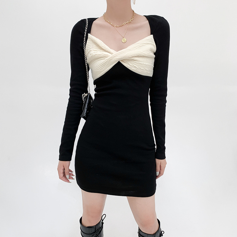 Y2K Color Block Long Sleeve Knit Dress