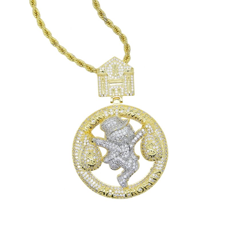 Hip Hop Letter All Profit World Is Mine Dollar Bag Pendant Iced Out Necklace-VESSFUL
