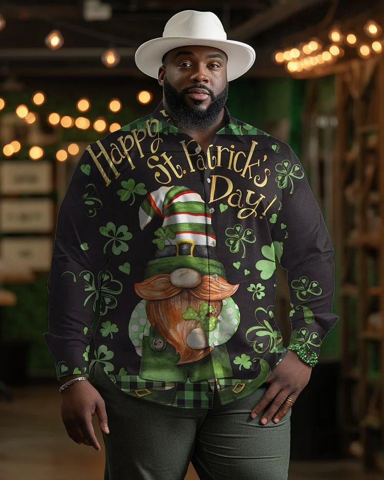 Men's Plus Size St. Patrick's Day Color Blocked Clover Leprechaun Casual Lapel Long Sleeve Shirt