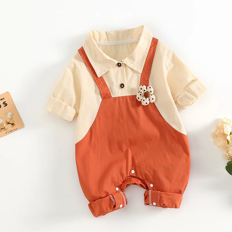 Baby Girl Flower Bib Pants Mock Two-pieces Long Sleeve Romper