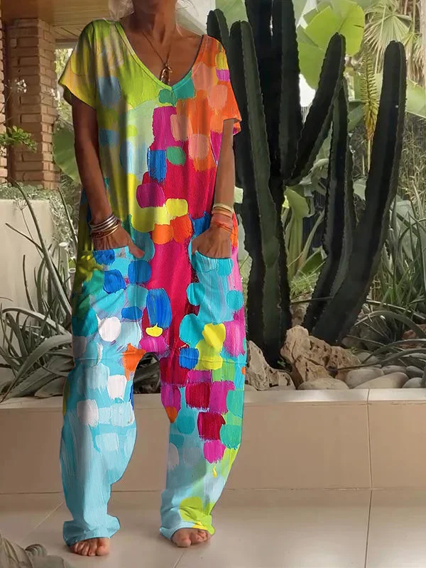 Casual Color Block Art Print V Neck Jumpsuit