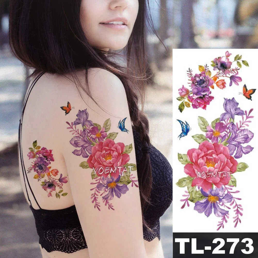 Sdrawing Flower Waterproof Fake 3D Rose Temporary Tattoos Dasiy Lily Kids Tattoo Sticker Girls Fake Arm Neck Jewels Tatoo Body Arm