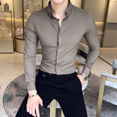 Inongge Mens Exquisite Solid Color Shirt Yingya Gentleman Style Youth High-quality Long-sleeved Business Mens Casual Slim-fit Shirt