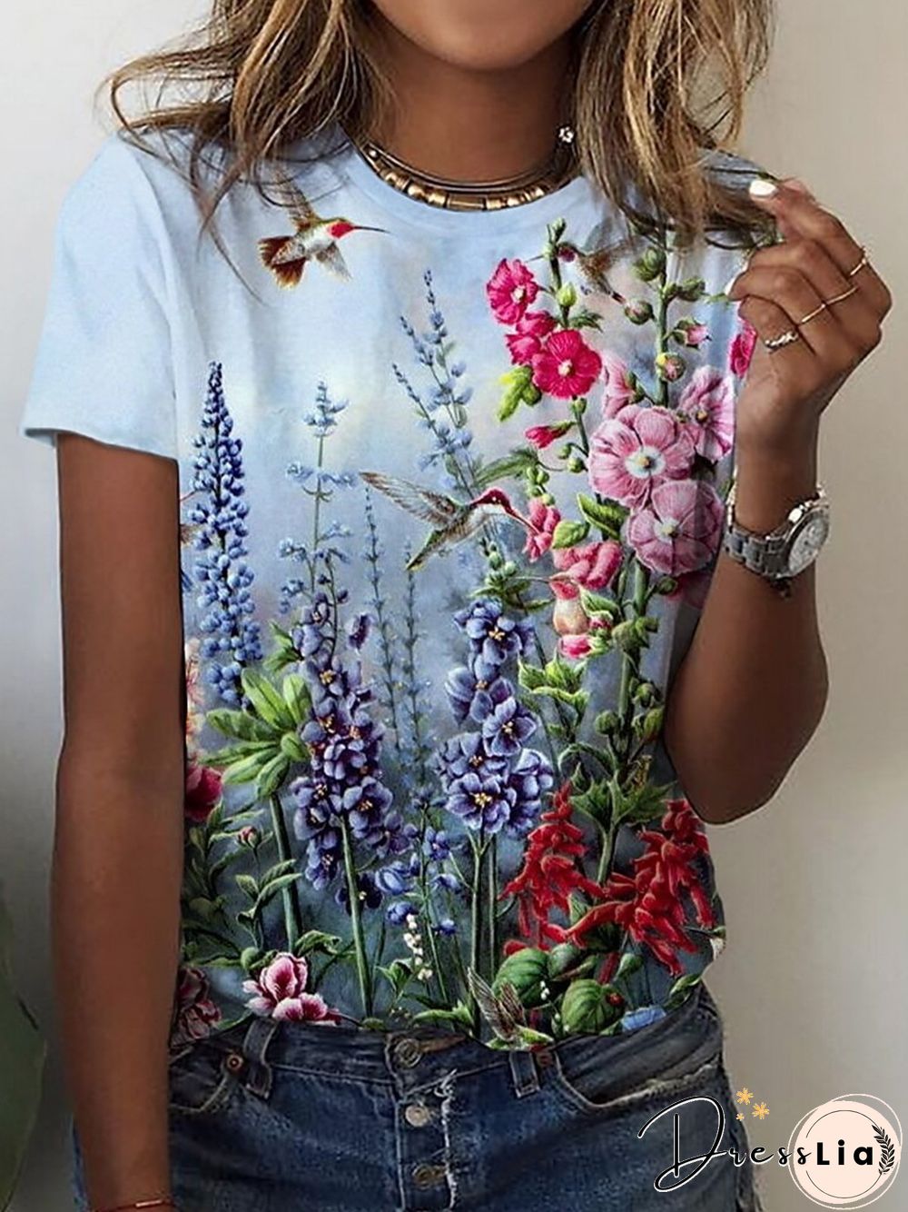 Floral Bird Round Neck Casual Short Sleeve Loosen T-Shirt