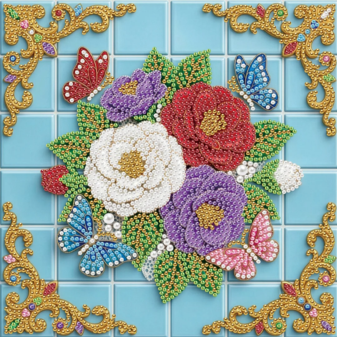 Butterfly Flowers - DIY Pearl Diamond Art Kit With Frame 25*25cm