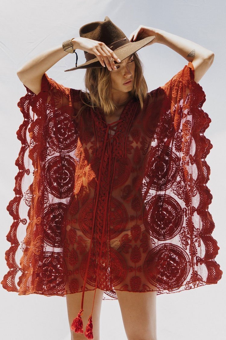 Tie String Front Scalloped Sheer Lace Crochet Boho Kaftan Cover Up-elleschic