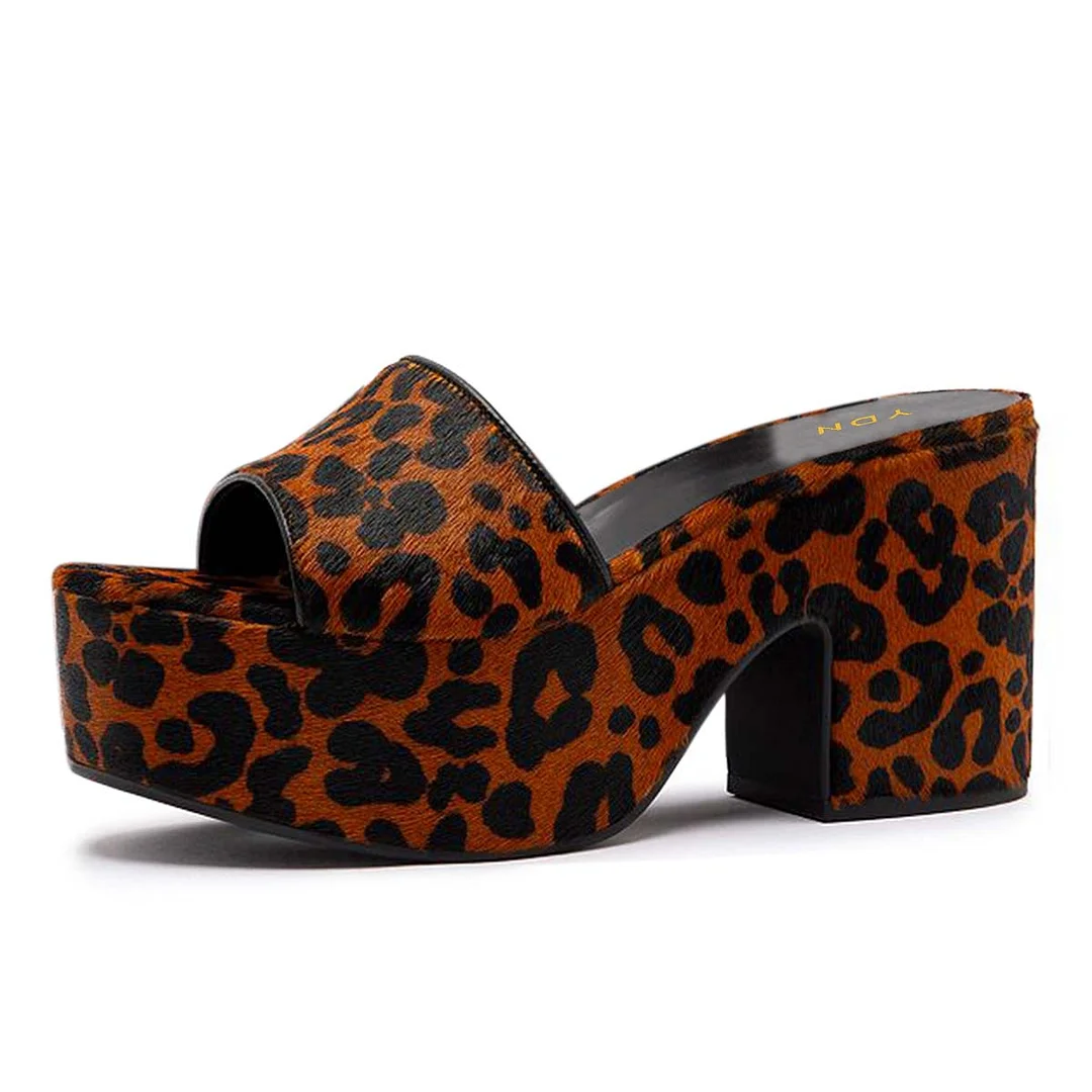 Leopard Print Open Round Toe Chunky Heel Slides with Platform