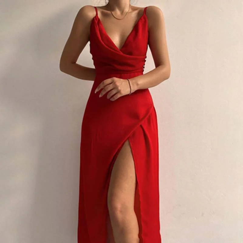 Sexy v-neck suspender slit dress women's midi dress solid color 2022 new y2k emo women clothe casual платье женское платье dress