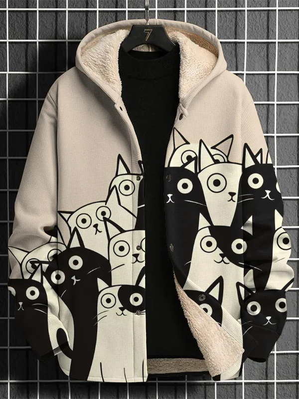 Men's Black And White Cat Print Long Sleeve Fleece Lined Hooded Jacket