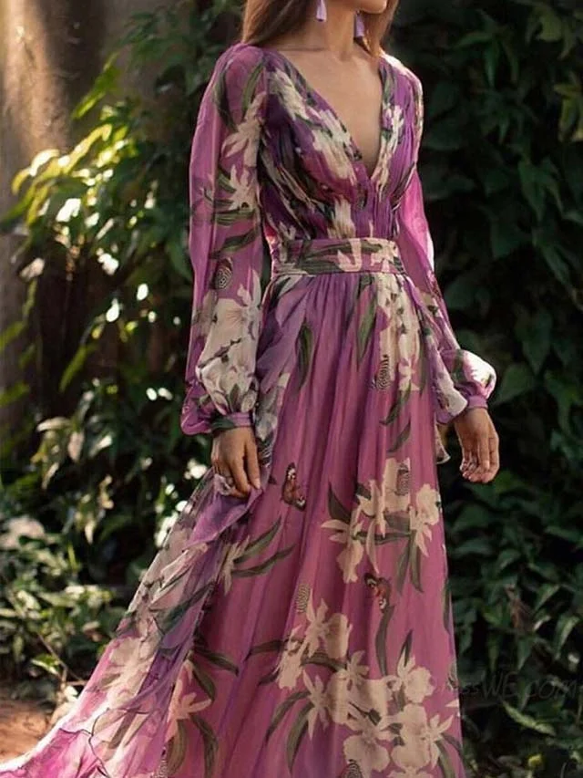 Women's Chiffon Dress Maxi long Dress Purple Long Sleeve Floral Color Block Summer V Neck Holiday Boho 2021 S M L XL XXL 3XL