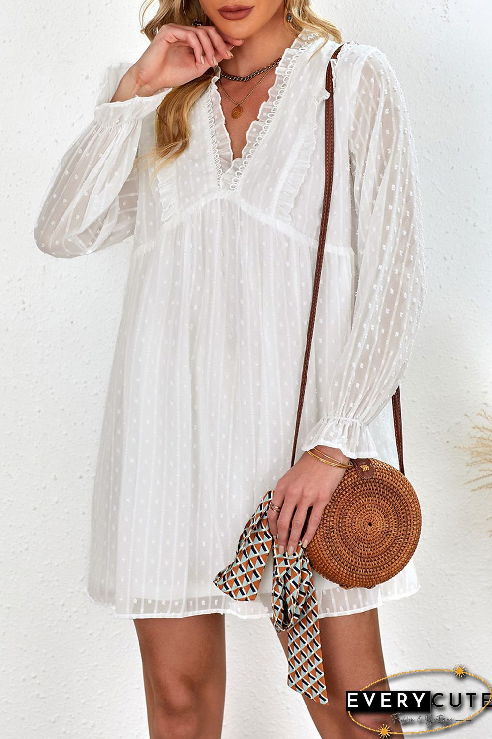 White Swiss Dot Ruffle V Neck Mini Dress