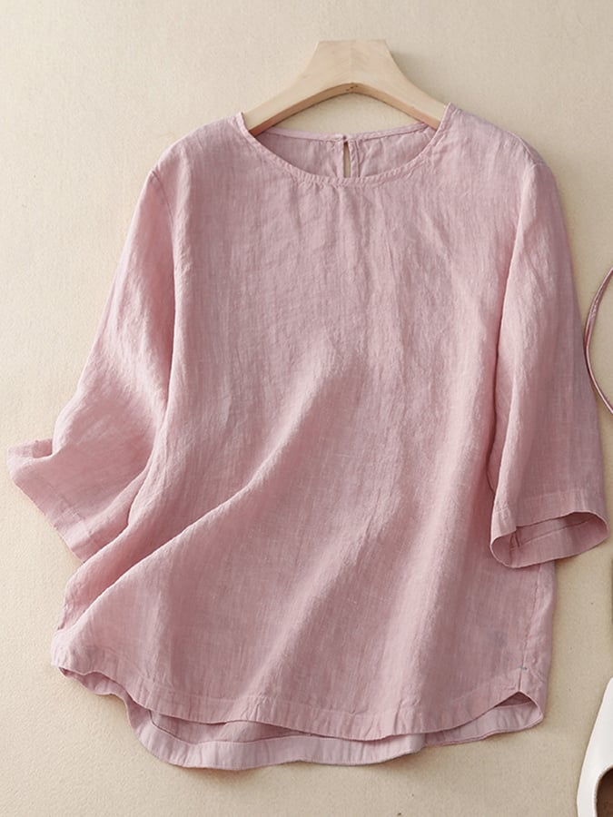 Cotton Solid Color Round Neck Loose Casual Top