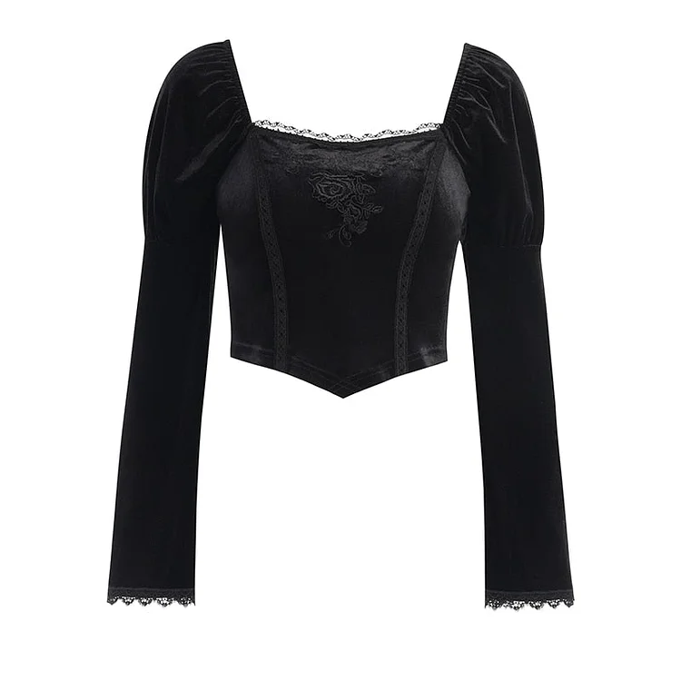 InsDoit Gothic Puff Sleeve Velvet Black T Shirts Women Lace Trim Long Sleeve Assymmetric Crop Top Backless Sexy Aesthetic Tees