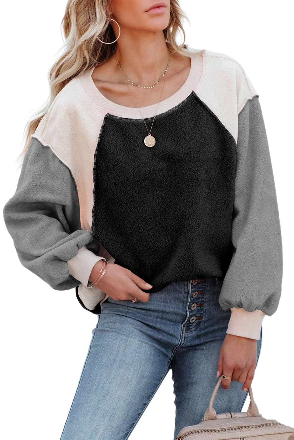 Gray Colorblock Long Sleeve Pullover Fleece Sweatshirt